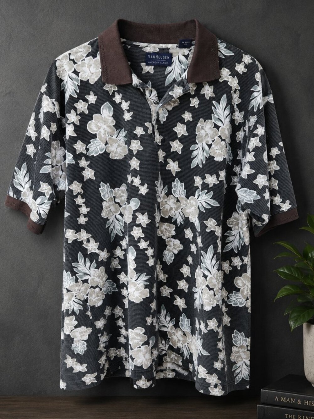 Van Heusen American Classic Dk Gray Ribbed Floral Polo Shirt - M